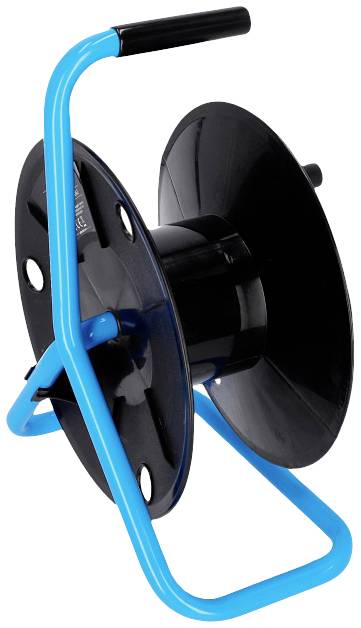 Pusta szpula kablowa z niebieską ramą i czarnym kołem. Przeznaczona do nawijania i przechowywania kabli.