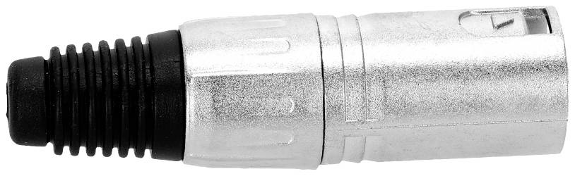 Srebrno-czarny złącze XLR, powszechnie stosowane w przewodach audio.