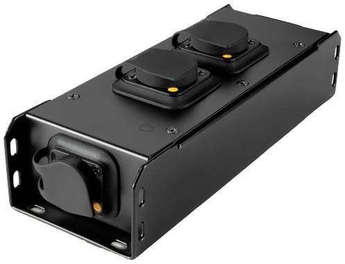 Czarna listwa zasilająca z trzema gniazdami, charakteryzująca się zaokrąglonymi osłonami, przeznaczona do zastosowań przemysłowych.