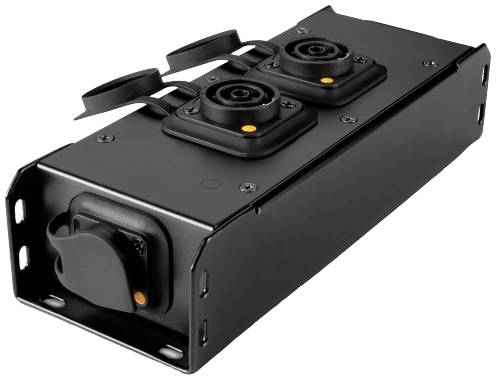 Czarna elektryczna skrzynka przyłączeniowa z dwoma gniazdami elektrycznymi i pokrywami, nadająca się do montażu ściennego.