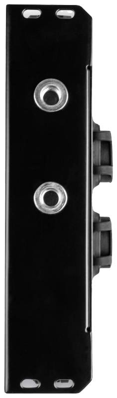 Czarny, podłużny element metalowy z dwoma okrągłymi otworami mocującymi i bocznymi przyłączami, prawdopodobnie część jakiegoś urządzenia.