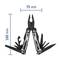 Wielofunkcyjne narzędzie w pozycji otwartej, prezentujące kilka narzędzi takich jak szczypce, nóż i śrubokręt. Wymiary: 75 mm szerokości, 160 mm długości.