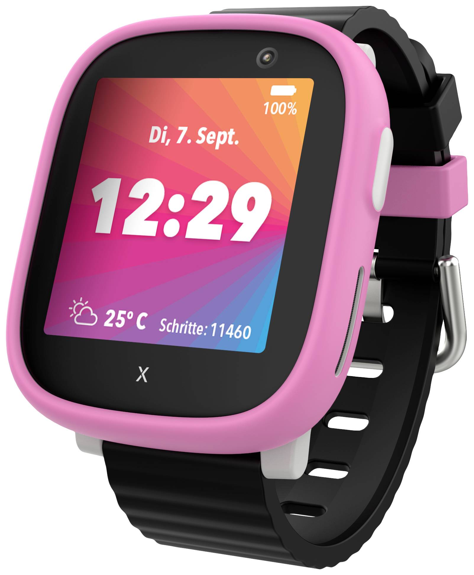 Różowy smartwatch z czarnym paskiem wyświetla godzinę 12:29 i datę Wt, 7 wrz. wraz z informacją o pogodzie i licznikiem kroków.