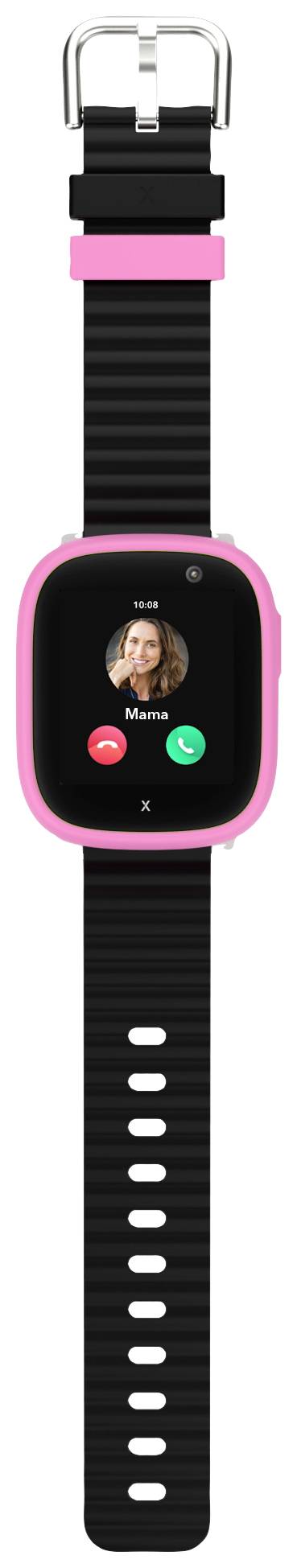 Różowy smartwatch z czarnym paskiem wyświetla nadchodzące połączenie na ekranie.