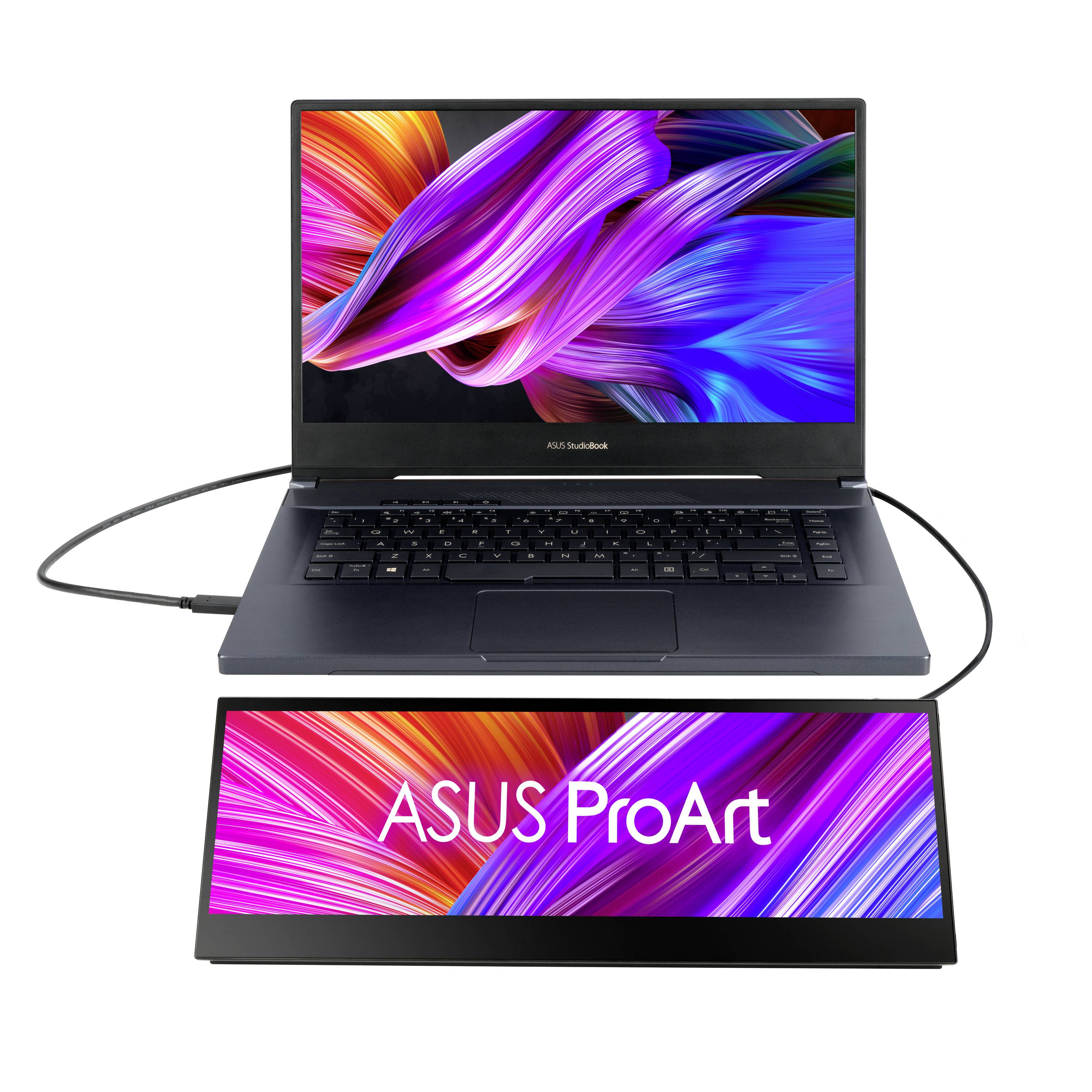 Laptop i drugi ekran z napisem 'ASUS ProArt'. Oba wyświetlacze prezentują kolorowe, abstrakcyjne grafiki.