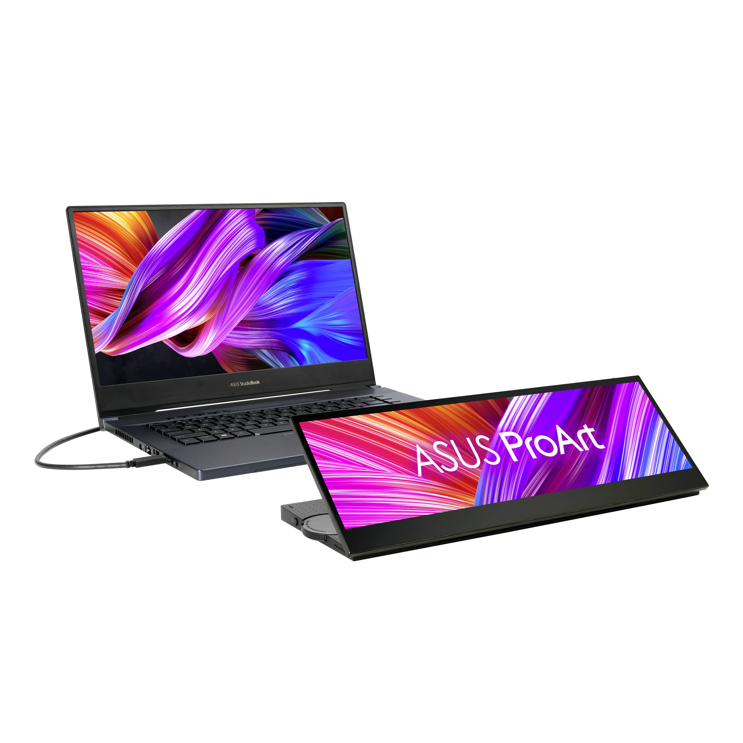 Laptop z podświetlonym ekranem obok monitora zewnętrznego z napisem 'ASUS ProArt', oba wyświetlające kolorowe grafiki.