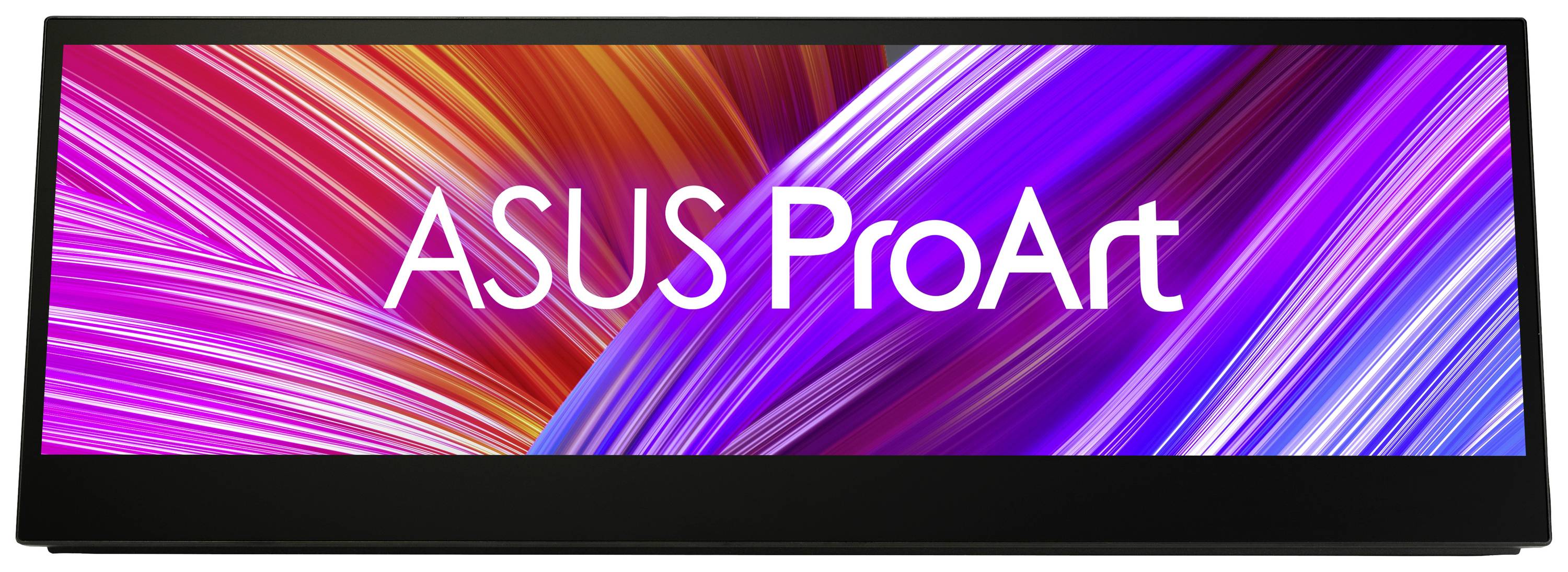 Ekran ASUS ProArt z kolorowym, abstrakcyjnym tłem złożonym z zakrzywionych linii w kolorach czerwonym, różowym i niebieskim.