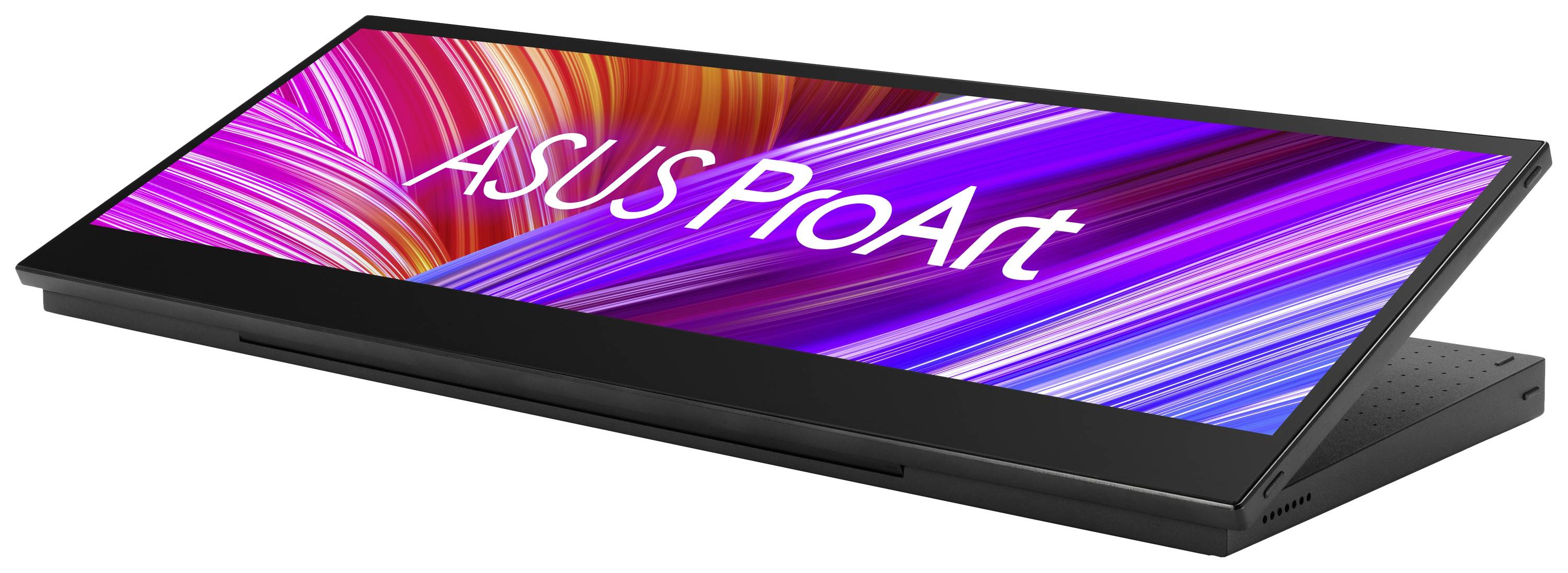 Monitor ASUS ProArt umieszczony na pochyłej powierzchni, wyświetlający kolorowe, diagonalne linie na ekranie oraz napis 'ASUS ProArt'.