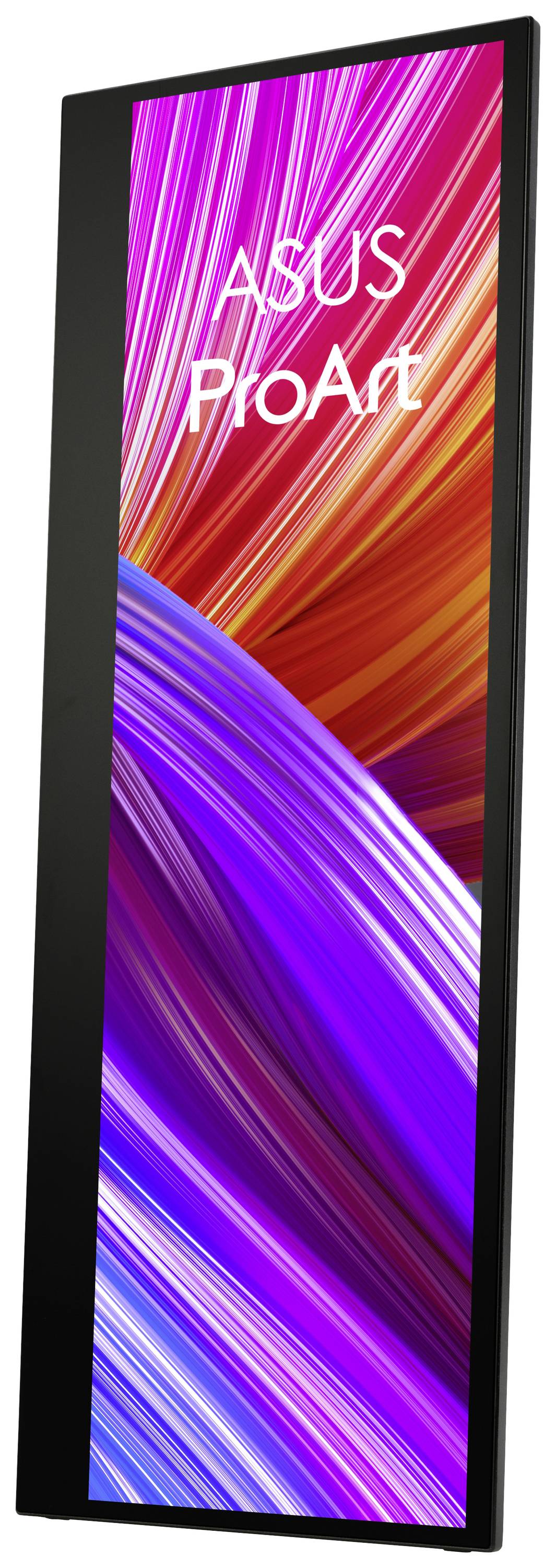 Monitor ASUS ProArt ustawiony pionowo, prezentujący żywy, kolorowy obraz składający się z ukośnych linii w odcieniach czerwieni, fioletu i błękitu.