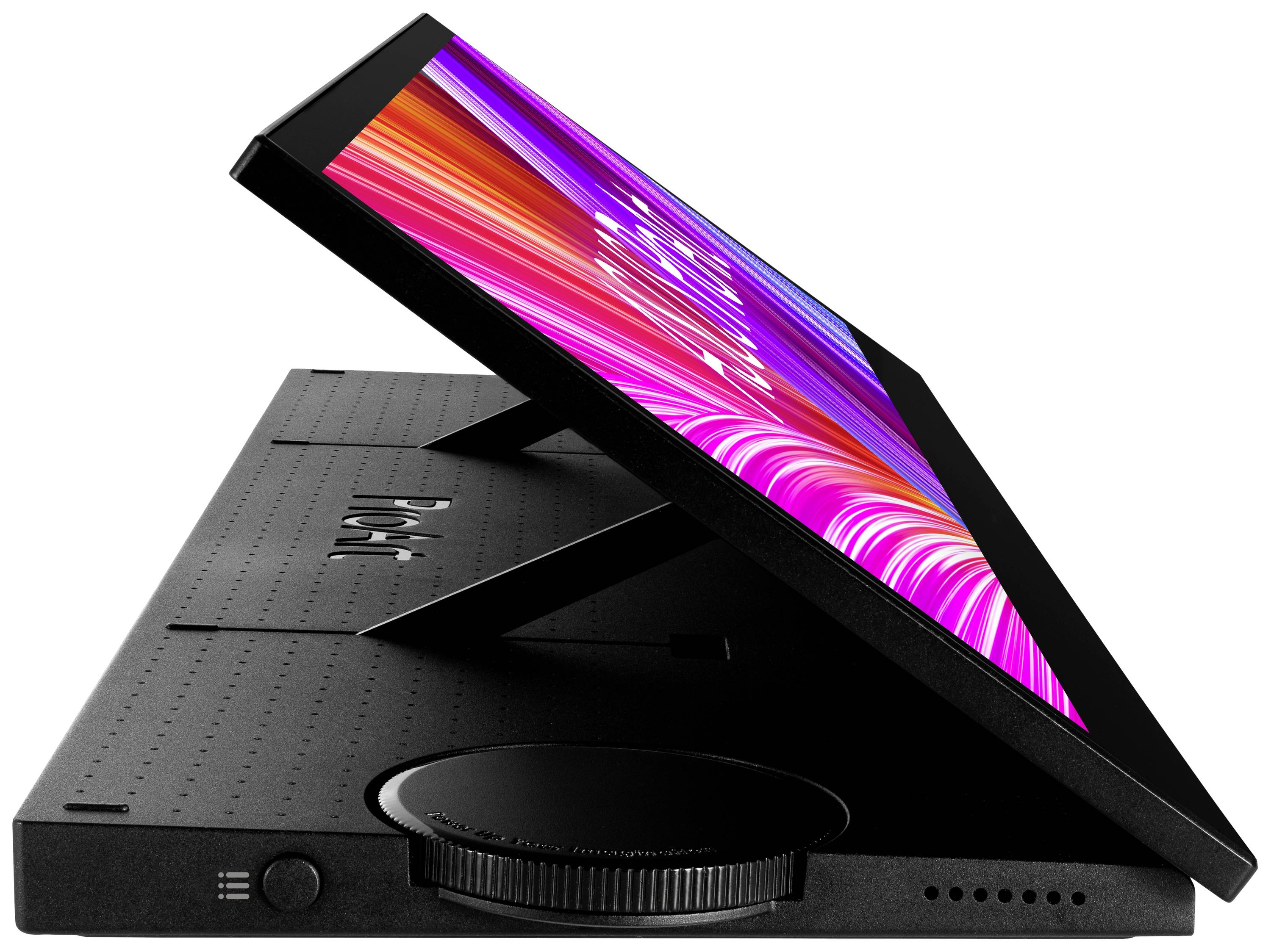 Tablet graficzny z nachylonym wyświetlaczem i świecącym obrazem. Posiada duży pokrętło z boku oraz dwie podstawki.