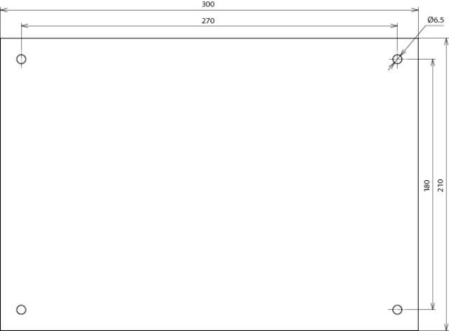 Rysunek techniczny prostokątnej blachy metalowej o wymiarach: długość 300 mm, szerokość 270 mm, otwory w każdym narożniku, szczegół Ø6,5.