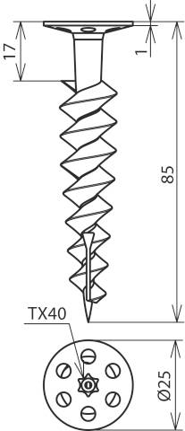Rysunek techniczny śruby ze spiralnym gwintem i płaską główką, o całkowitej długości 85 mm, średnicy główki 25 mm.