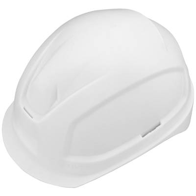 Biały kask budowlany wykonany z tworzywa sztucznego, zapewniający ochronę głowy na budowach lub w strefach przemysłowych.