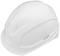 Biały kask budowlany wykonany z tworzywa sztucznego, zapewniający ochronę głowy na budowach lub w strefach przemysłowych.