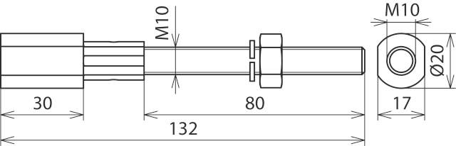 Rysunek techniczny śruby z wymiarami: długość całkowita 132 mm, gwint M10, długość trzpienia 80 mm, średnica główki Ø20 mm, grubość główki 17 mm.