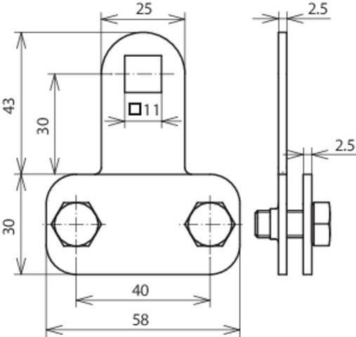 Rysunek techniczny okucia metalowego z wymiarami: szerokość 58 mm, wysokość 43 mm, widok boczny przedstawia grubość 2,5 mm.