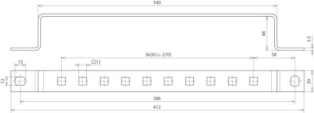 Rysunek techniczny prostokątnej metalowej obejmy z wymiarami: szerokość całkowita 412 mm, wysokość 48 mm, rozstaw otworów 9x30 (270 mm).