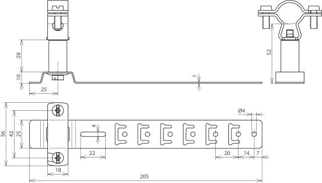 Rysunek techniczny zawiasu z wymiarami w milimetrach, w tym widok z góry i z boku. Główne wymiary: długość 205 mm, wysokość 42 mm.