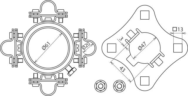 Rysunek techniczny złącza rurowego z wymiarami: średnica 61 mm i 47 mm. Widoczne szczegóły mocowania i śrub.