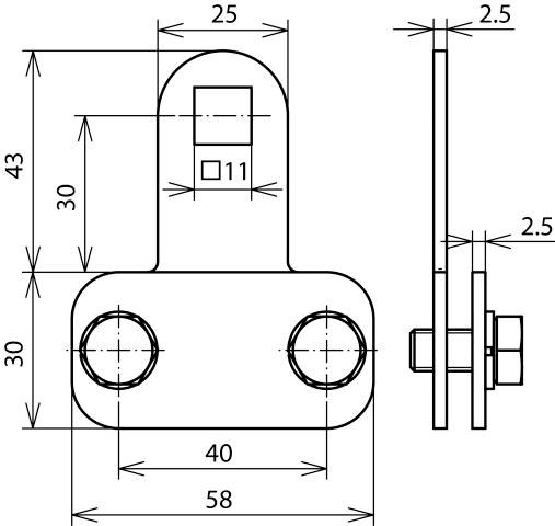 Rysunek techniczny elementu metalowego z wymiarami w milimetrach: 58 szerokość, 43 wysokość, 30 odległość między otworami, 2,5 grubość.