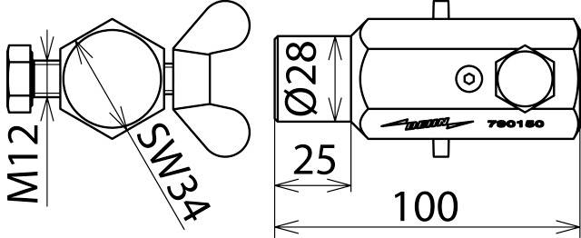 Rysunek techniczny części z wymiarami: M12, SW34, Ø28, długość 100 mm, wysokość 25 mm. Zawiera szczegóły śruby i nakrętki skrzydełkowej.