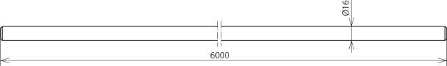 Rysunek techniczny podłużnego pręta. Opisany długością 6000 mm i średnicą Ø16 mm.