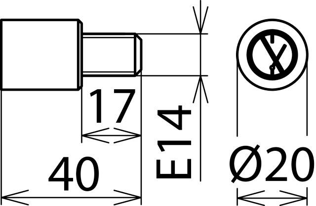 Rysunek techniczny przedstawia wymiary oprawki E14: 17 mm, 40 mm długości, 20 mm średnicy.