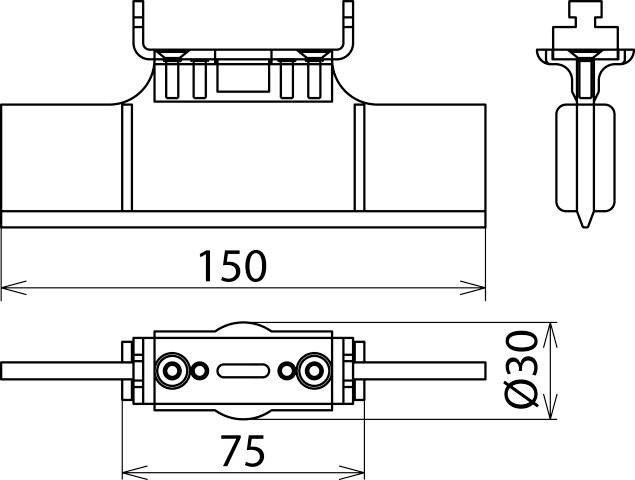 Rysunek techniczny złącza czujnika z wymiarami: szerokość 150 mm, wysokość 30 mm, widok szczegółowy pojedynczego elementu.