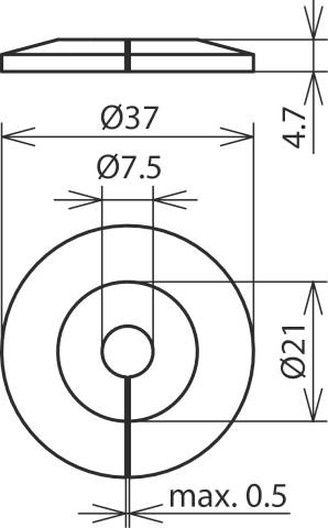 Rysunek techniczny tarczy. Średnica górna: 37 mm, wewnętrzna: 7,5 mm. Wysokość: 4,7 mm. Maksymalny wewnętrzny zakres: 21 mm, szerokość 0,5 mm.