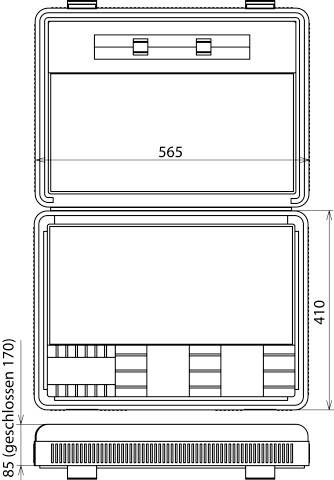 Rysunek techniczny prostokątnej obudowy o wymiarach 565 szerokości i 410 wysokości. Widok wewnętrzny przedstawia przegrody i rygle.