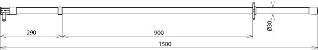 Diagram liniowego obiektu z wymiarami: długość całkowita 1500 mm, sekcja centralna 900 mm, sekcja lewa 290 mm, sekcja prawa 310 mm, średnica 30 mm.