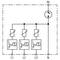 Plan połączeń elektrycznych: Połączenie trzech faz (L1, L2, L3) przez przełącznik z przewodem neutralnym (N) i przewodem ochronnym (PE). Symbole przedstawiają przepływ prądu.