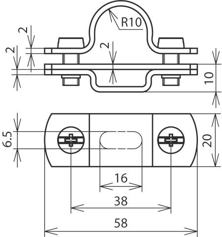 Rysunek techniczny obejmy rurowej z wymiarami: szerokość 58 mm, wysokość 20 mm, rozstaw otworów 16 mm, średnica rury R10.