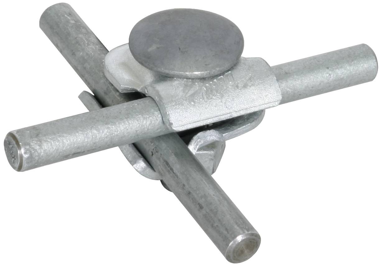 Metalowy element z krzyżowo ułożonymi rurkami i okrągłym guzkiem pośrodku.