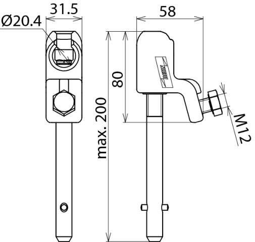 'Rysunek techniczny dźwigni zaciskowej z wymiarami: Ø20,4mm, długość 80mm, wysokość 200mm, gwint M12, szerokość 31,5mm, rozstaw 58mm.'