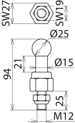 Rysunek techniczny śruby z łbem kulistym. Wymiary: długość całkowita 94 mm, średnica kuli 25 mm, średnica trzonu 15 mm. Gwint M12.