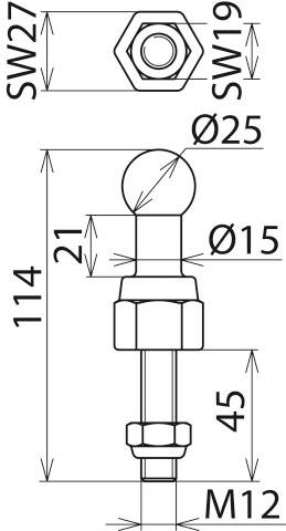 Rysunek techniczny śruby z łbem kulistym. Wymiary: długość całkowita 114 mm, średnica kuli 25 mm, gwint M12, klucz 19 i 27.