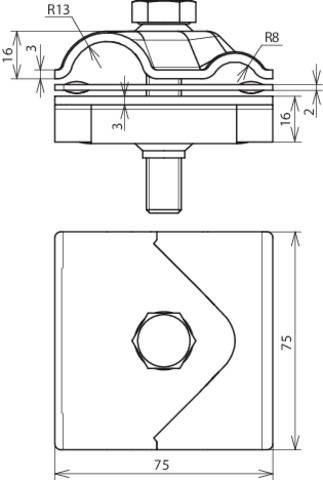 Rysunek techniczny przedstawia element o wymiarach 75 x 75 x 16 mm. Zawiera opisy promieni i przekrojów. Widok z boku i z góry.