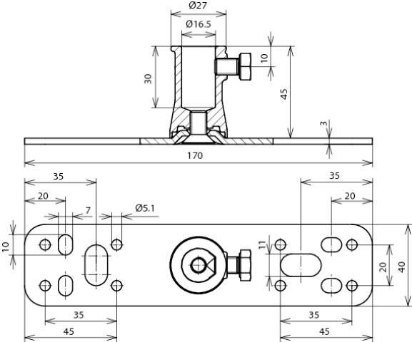Rysunek techniczny metalowego okucia z otworami mocującymi i wymiarami. Przedstawia widok z boku i widok z góry, wymiary w milimetrach.