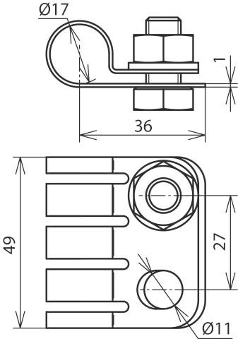 Rysunek techniczny wspornika z wymiarami: 36 mm szerokości, 49 mm wysokości. Widok szczegółowy przedstawia mocowanie śrubowe i otwory.
