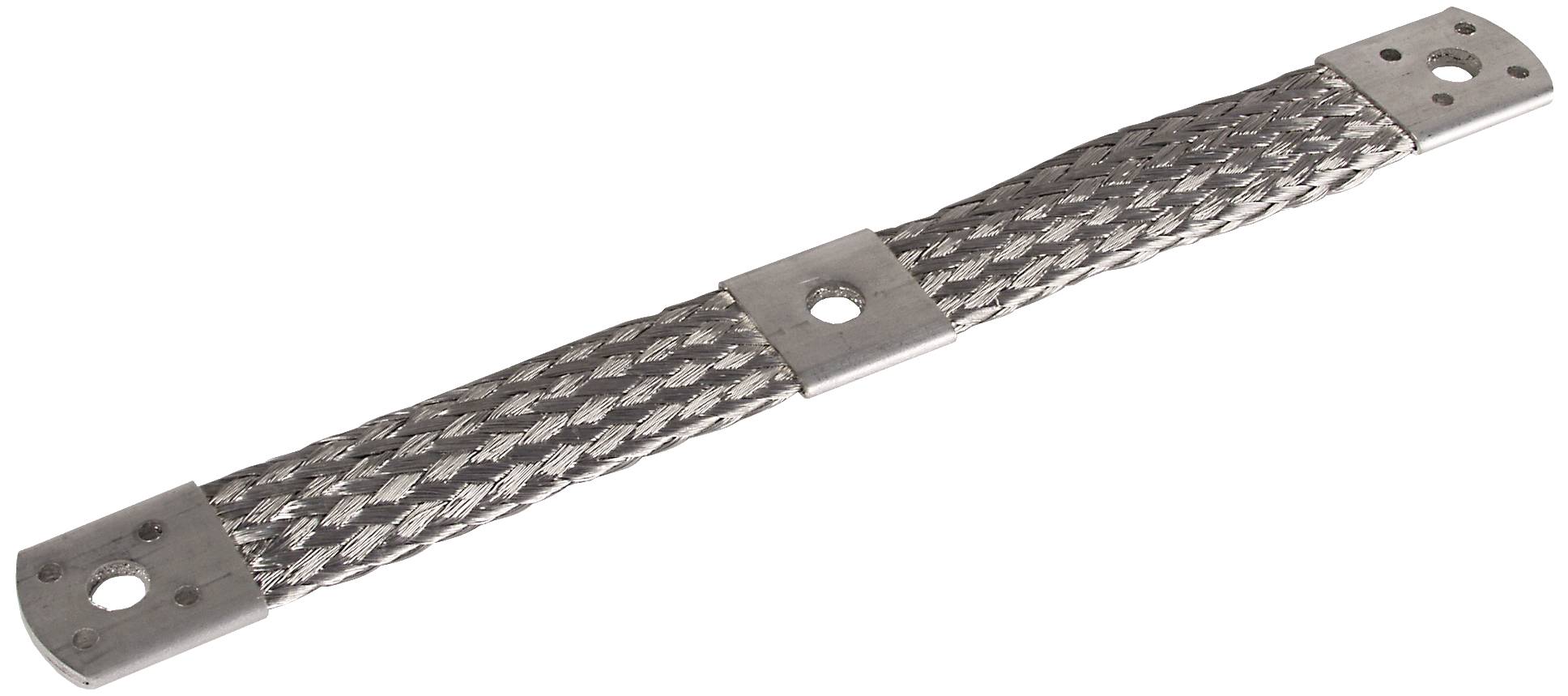 Pleciony element metalowy z otworami na obu końcach, prawdopodobnie przewód uziemiający.