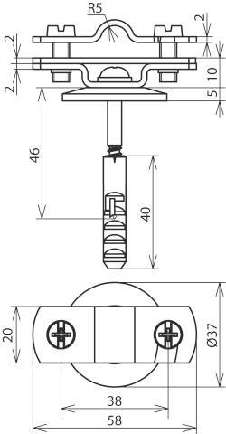 Rysunek techniczny systemu mocowań metalowych z oznaczeniami wymiarów w milimetrach. Przedstawienie obejmuje śruby, mocowania i odległości.