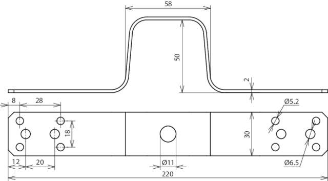 Rysunek techniczny metalowego kątownika w kształcie litery U z wymiarami: szerokość 58 mm, wysokość 50 mm, średnica otworów zmienna (od Ø5,2 do Ø11), różne rozstawy otworów.