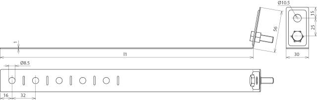 Rysunek techniczny pręta metalowego z różnymi wielkościami otworów, wymiarami metrycznymi w milimetrach (np. długość, średnica) oraz połączeniem śrubowym.