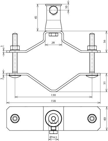 Rysunek techniczny uchwytu metalowego z wymiarami: wysokość 45, szerokość 130, otwory montażowe o średnicy 16,5. Podano pozycje śrub i ich wymiary.