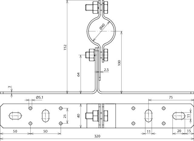Rysunek techniczny obejmy rurowej z wymiarami. Przedstawia parametry szerokości, wysokości oraz rozmieszczenia śrub mocujących.