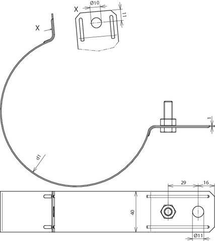 Rysunek techniczny obejmy rurowej z wymiarami i widokiem śruby. Przedstawia widok z boku i z góry, z podaną średnicą.