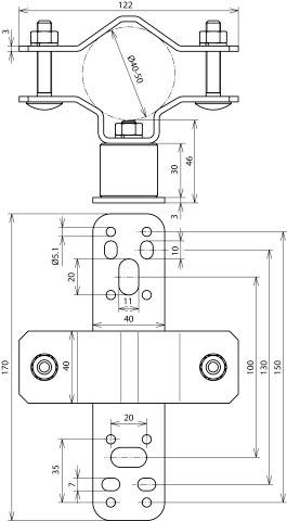 Rysunek techniczny uchwytu montażowego z wymiarami, widok z góry i z boku, centryczne otwory, podane wymiary w milimetrach.