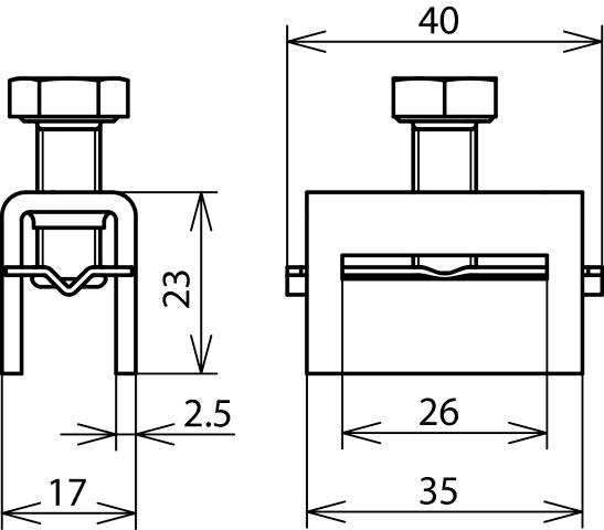 Rysunek techniczny elementu mocującego z wymiarami: wysokość 23 mm, długość 40 mm, szerokości 17 mm i 35 mm, odstęp 2,5 mm.
