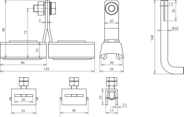 Rysunek techniczny elementu z wieloma rzutami i wymiarami. Przedstawia widok czołowy, boczny oraz z góry, w tym wymiarowanie.